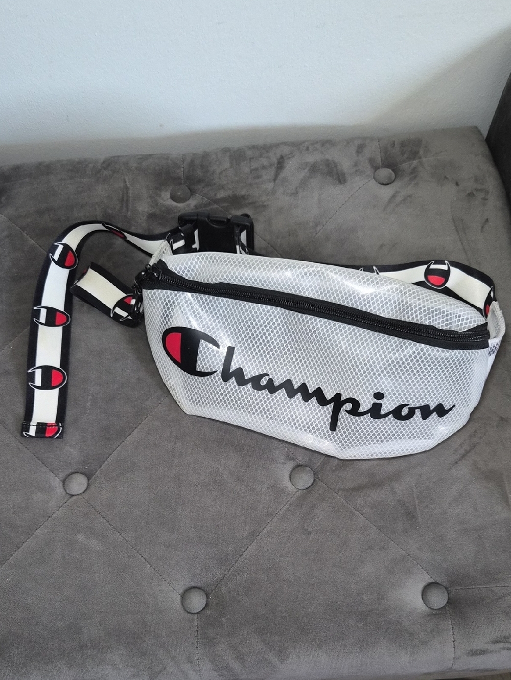 Champion White Mesh Belt Bag with Black Logo and Red Accents